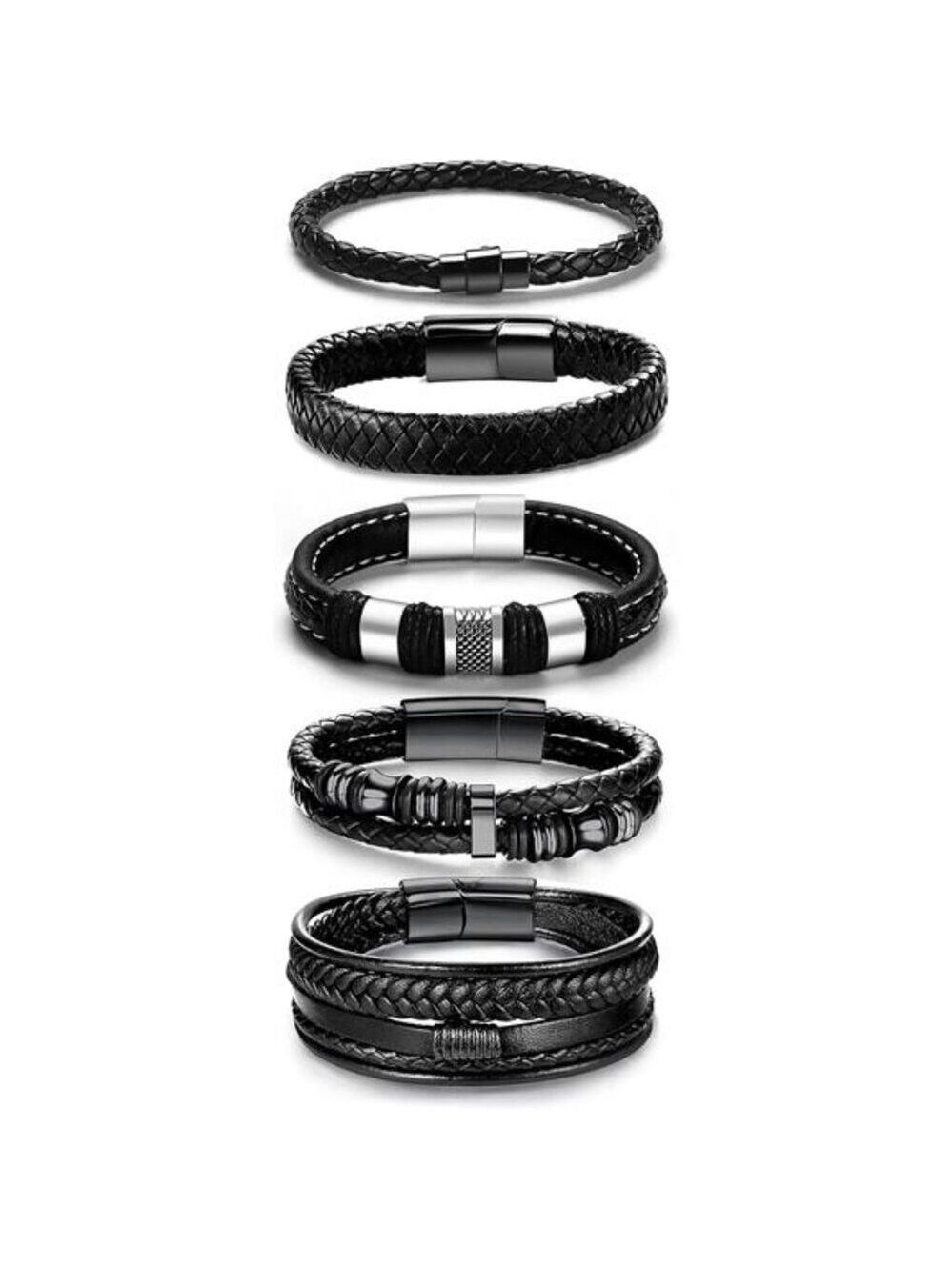 Black leather bracelets set men women braided cuff layered rope wrist band mens